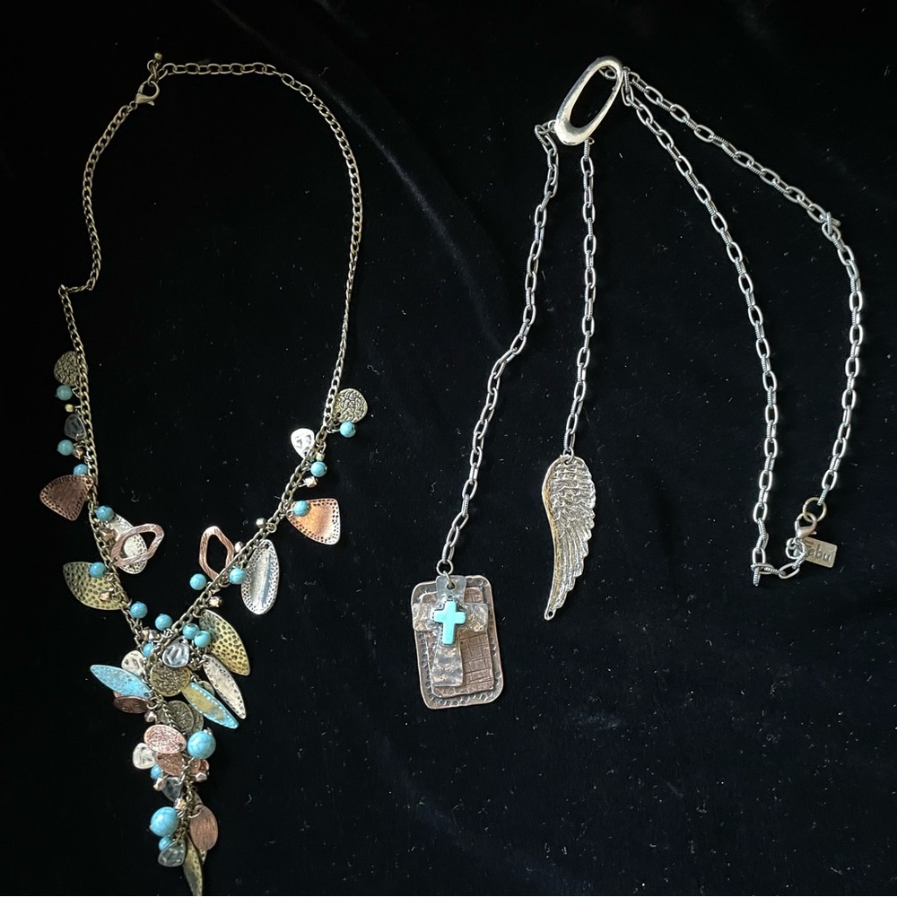 Two, sold as one, necklaces.  Silver, copper and turquoise long necklaces.